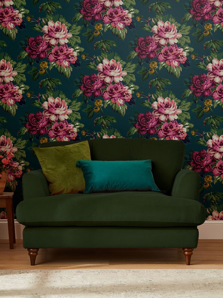 Joules Peacock Blue Invite Floral 10M Wallpaper - Image 1 of 3