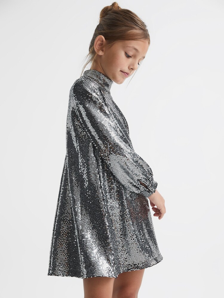 Reiss Silver Ariana Senior Sequin Short Skater Dress - Image 1 of 9