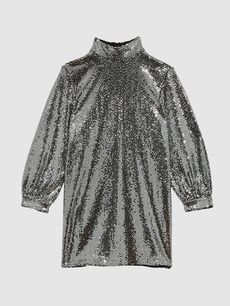 Reiss Silver Ariana Senior Sequin Short Skater Dress - Image 2 of 9