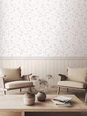 Hoopla Walls Washed White Tongue And Groove Floral Toile Wallpaper - Image 1 of 2