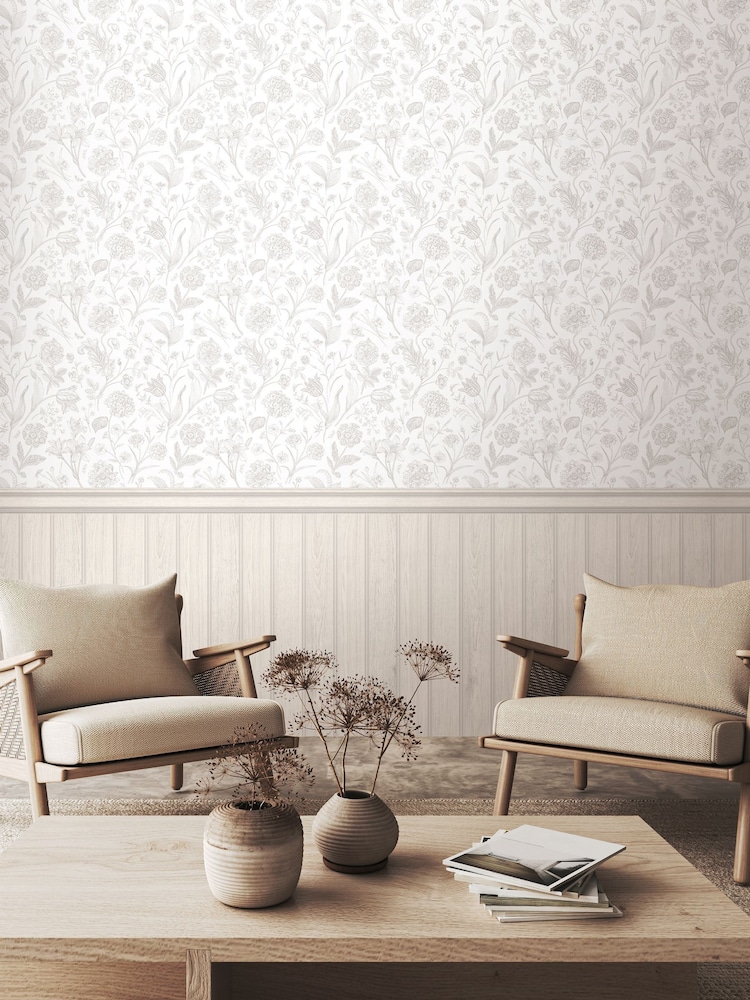 Hoopla Walls Washed White Tongue And Groove Floral Toile Wallpaper - Image 2 of 2 Hoopla Walls Washed White Tongue And Groove Floral Toile Wallpaper - Image 2 of 2