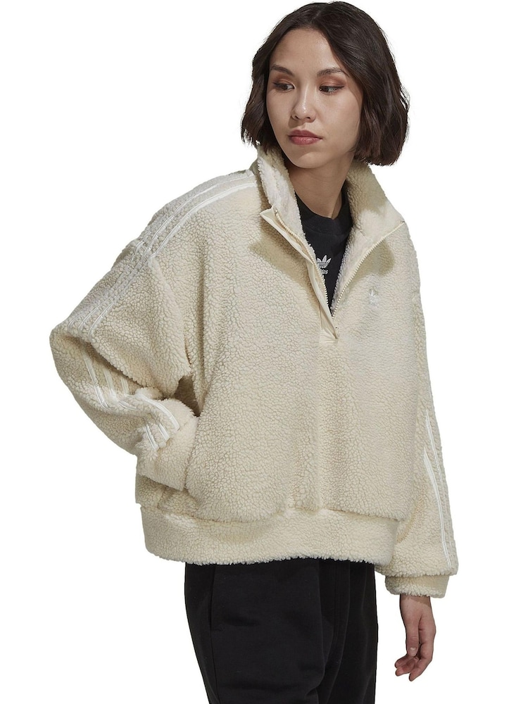 adidas Originals White Adicolor Classic Borg Half Zip Fleece Sweatshirt - Image 3 of 6