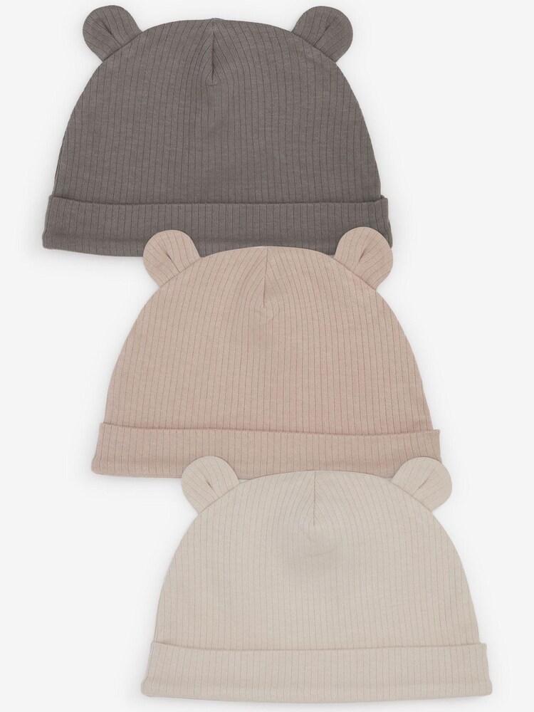 Neutral/Grau gerippt - 3er Pack Beanie-Mützen mit Bärenohren für Babys (0–18 Monate) - Bild 1 von 3