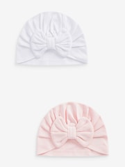 Pink/White Big Bow Baby Bow Turban 100% Cotton Hats 2 Pack (0mths-2yrs) - Image 1 of 3