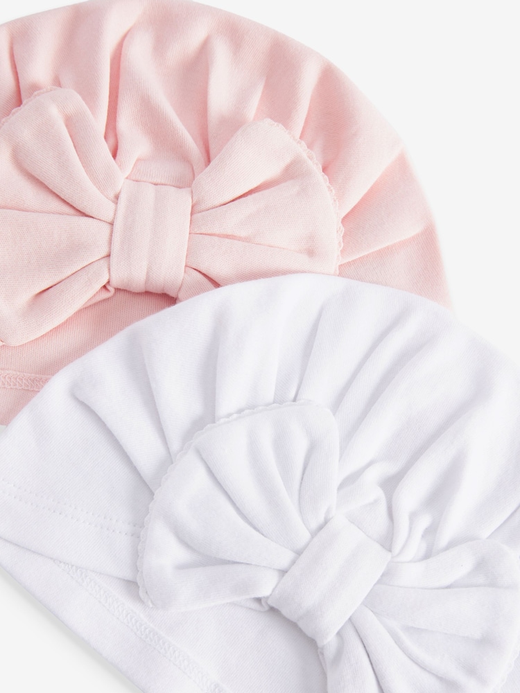 Pink/White Big Bow Baby Bow Turban 100% Cotton Hats 2 Pack (0mths-2yrs) - Image 2 of 3