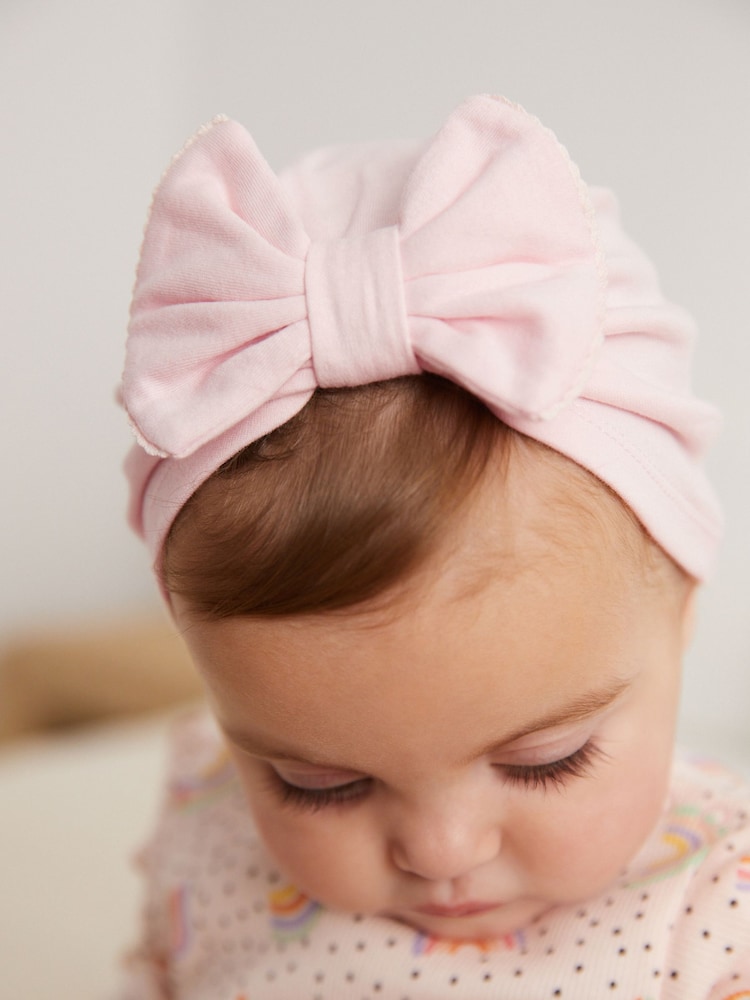Pink/White Big Bow Baby Bow Turban 100% Cotton Hats 2 Pack (0mths-2yrs) - Image 3 of 3