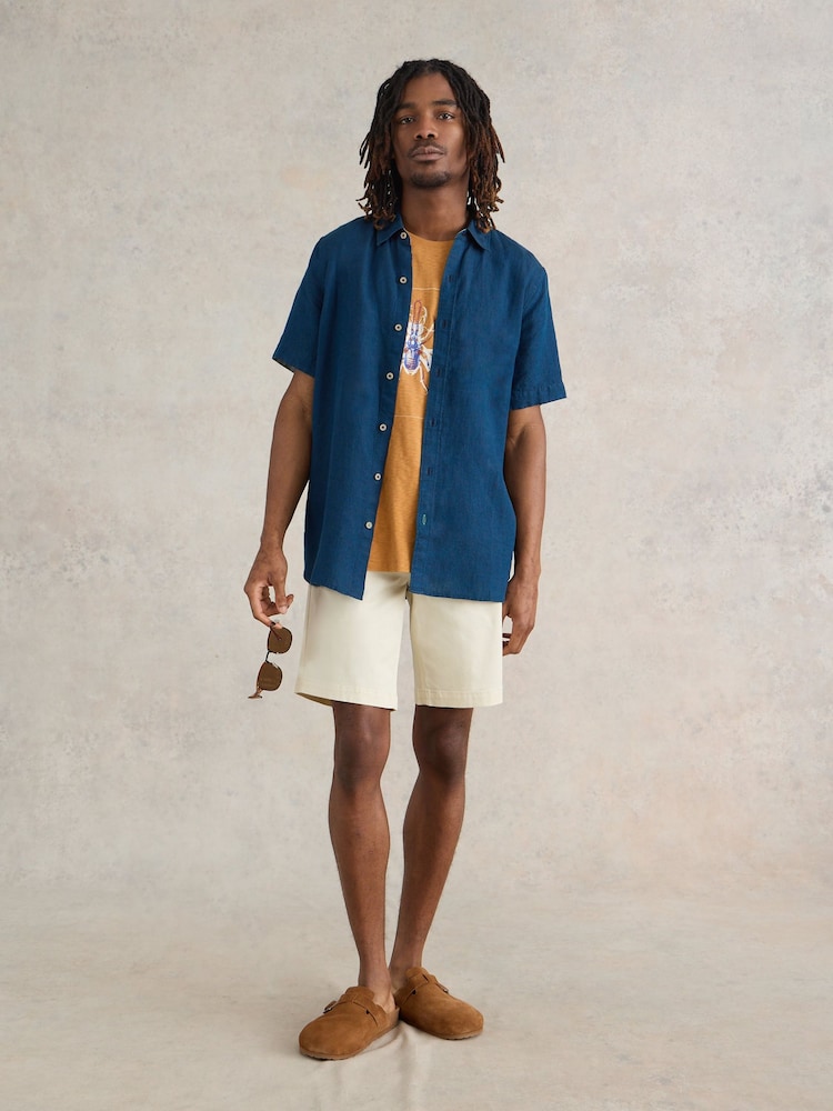 White Stuff Blue Camo Pembroke Short Sleeve 100% Linen Shirt - Image 1 of 6