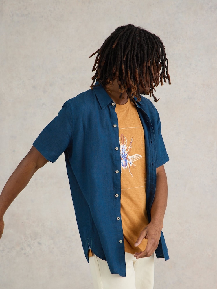 White Stuff Blue Camo Pembroke Short Sleeve 100% Linen Shirt - Image 2 of 6