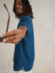 White Stuff Blue Camo Pembroke Short Sleeve 100% Linen Shirt - Image 3 of 6