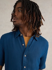 White Stuff Blue Camo Pembroke Short Sleeve 100% Linen Shirt - Image 4 of 6