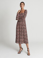 Reiss Black Print Miller Square Neck Long Sleeve Midi Dress - Image 1 of 6