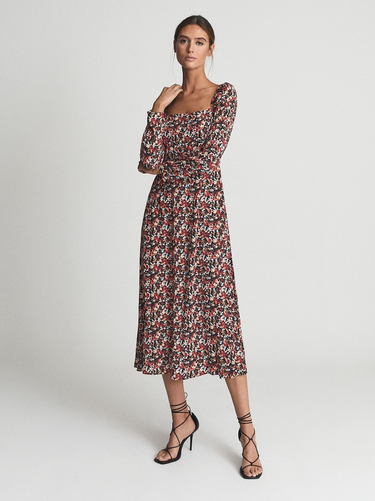 Reiss Black Print Miller Square Neck Long Sleeve Midi Dress - Image 1 of 6