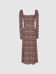 Reiss Black Print Miller Square Neck Long Sleeve Midi Dress - Image 2 of 6