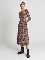 Reiss Black Print Miller Square Neck Long Sleeve Midi Dress - Image 6 of 6