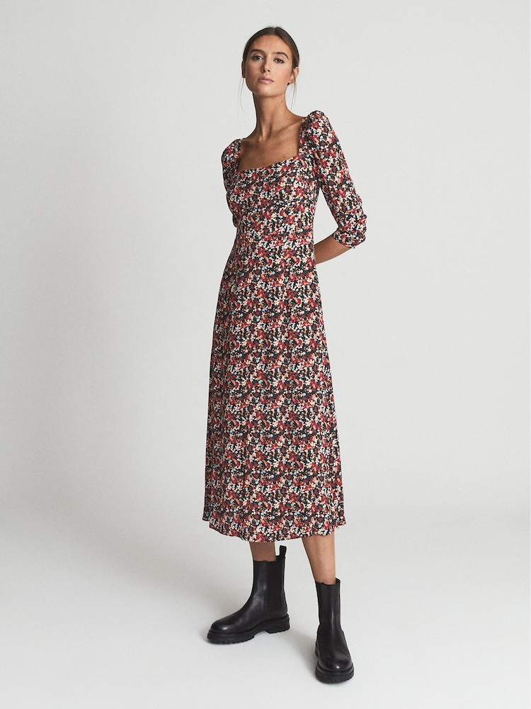 Reiss Black Print Miller Square Neck Long Sleeve Midi Dress - Image 6 of 6