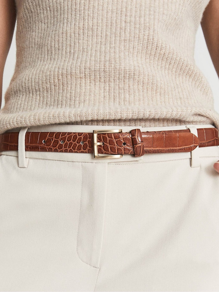 Reiss Caramel Molly Leather Croc Embossed Belt - Image 2 of 4