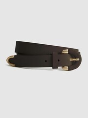 Reiss Chocolate Buckley Decorative Buckle Leather Belt - Image 2 of 7