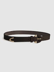 Reiss Chocolate Buckley Decorative Buckle Leather Belt - Image 6 of 7