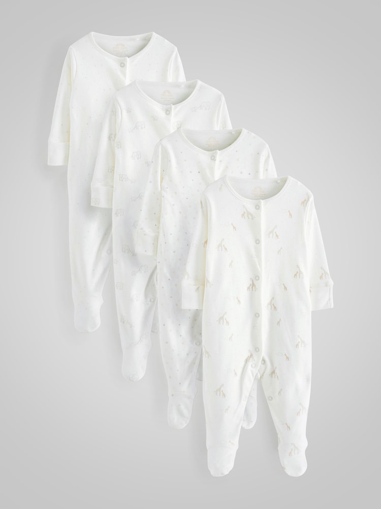 Delicate White Animal 4 Pack Baby Printed Long Sleeve Sleepsuits (0-2yrs) - Image 1 of 13