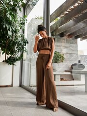Rochelle Brown Satin Top - Image 1 of 4