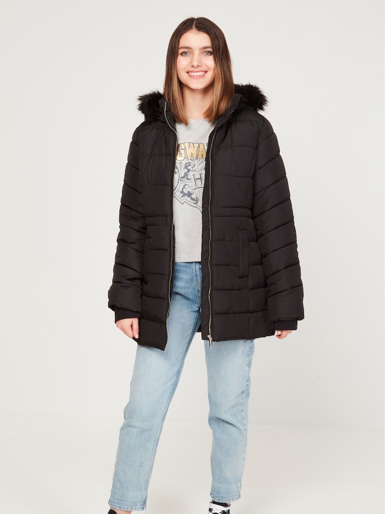 Kylie Black Teen Faux Fur Hood Puffer Jacket - Image 1 of 6