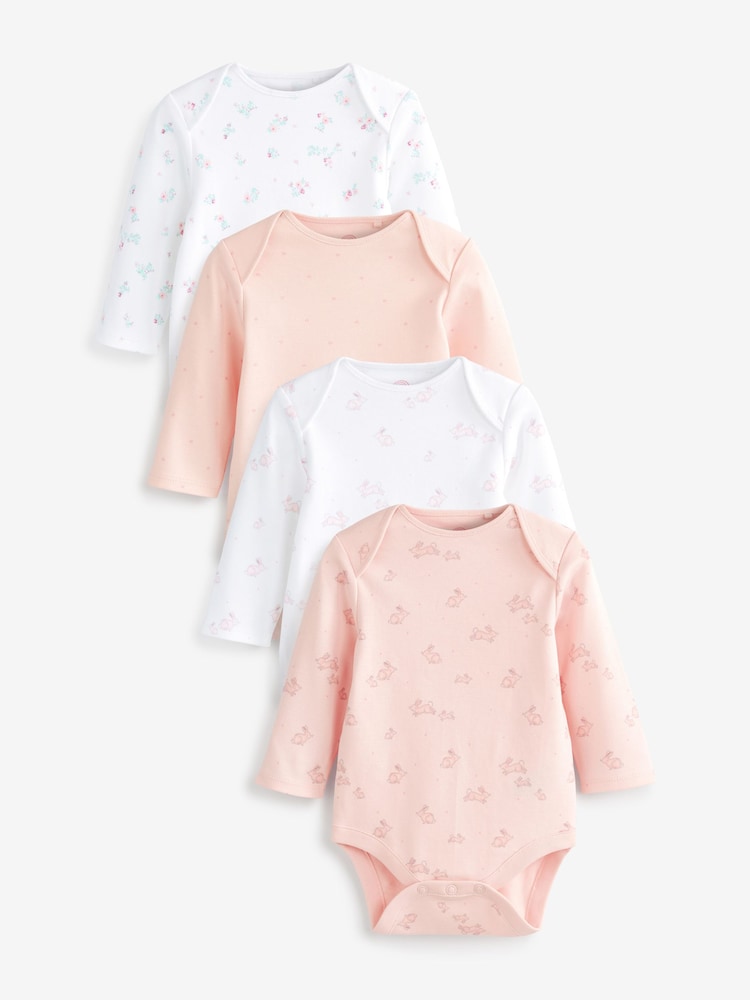Różowy/biały z króliczkiem - 4 Pack Baby Long Sleeve Bodysuits - Image 4 of 13