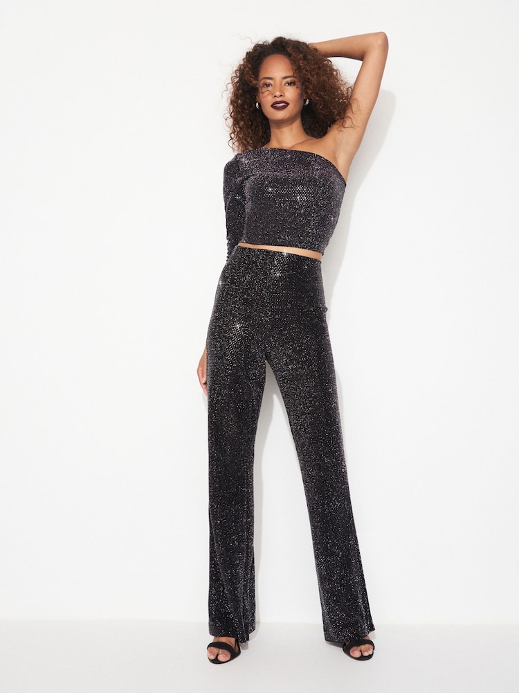 Black Sequin Wide Leg Trousers - Image 1 of 6
