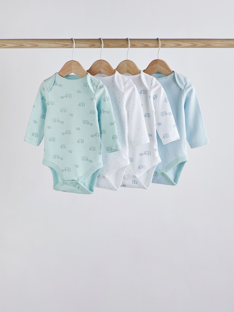 Blue/White Elephant 4 Pack Baby Long Sleeve Bodysuits - Image 1 of 10