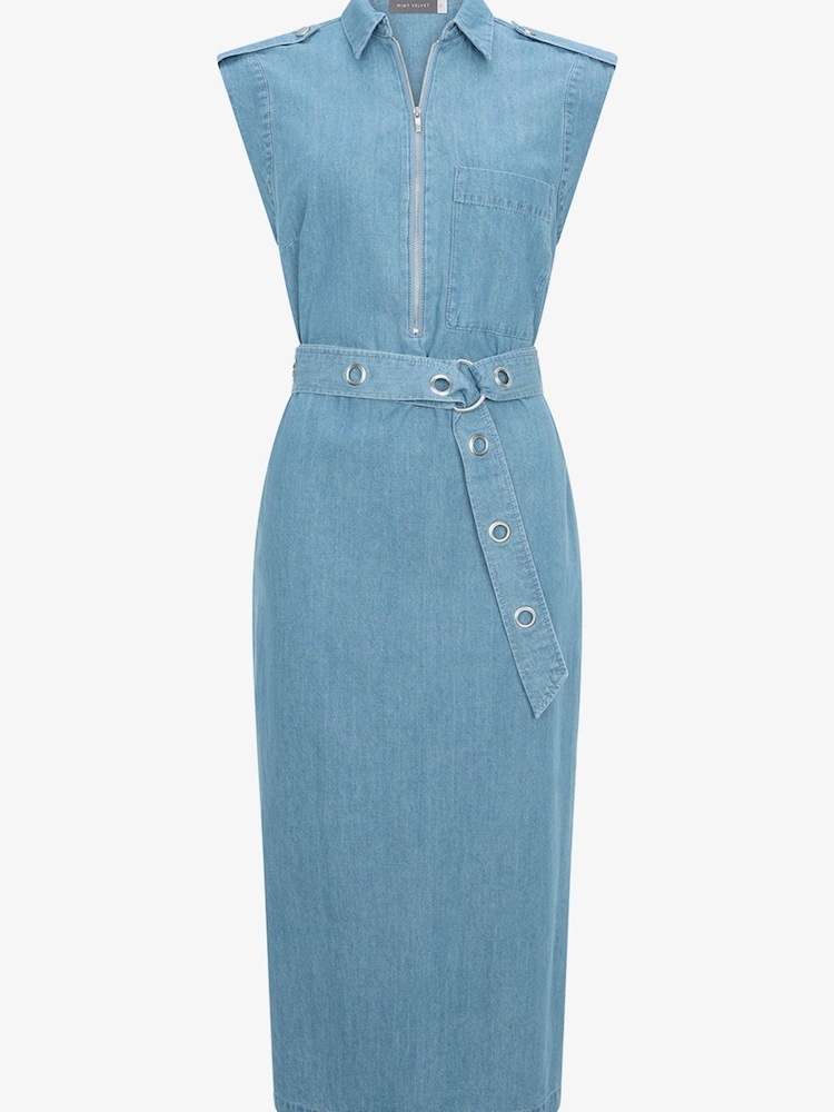 Mint Velvet Blue Denim Utility Zip Midi Dress - Image 3 of 4
