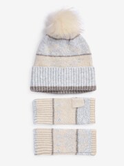 Grey/Cream Pom Hat & Handwarmer Set - Image 1 of 1