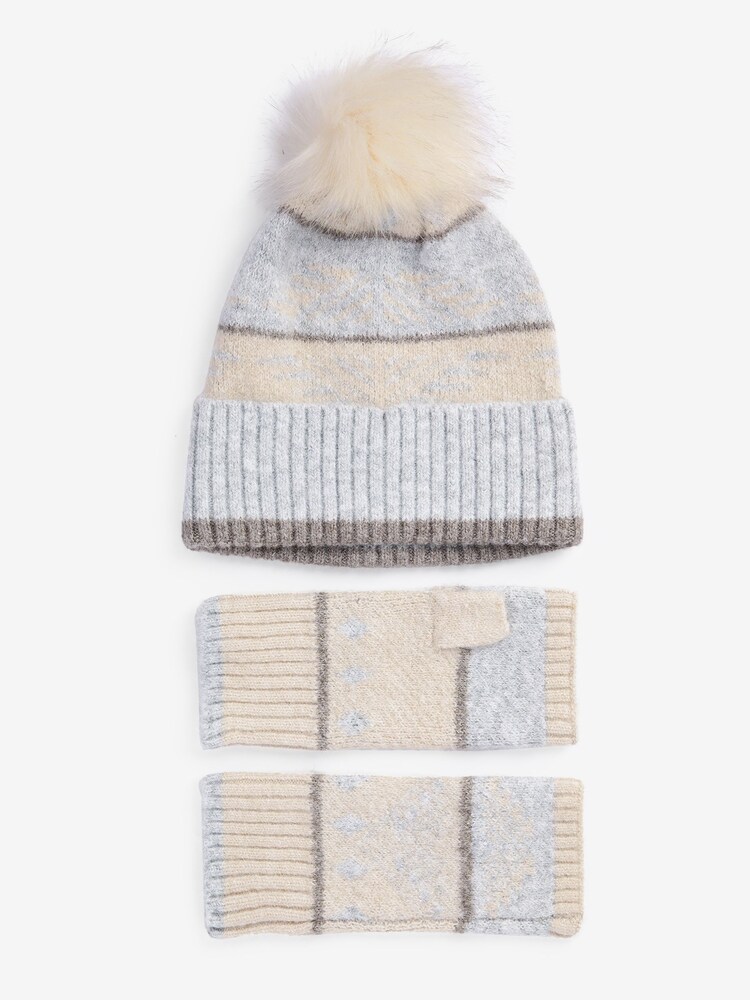 Grey/Cream Pom Hat & Handwarmer Set - Image 1 of 1