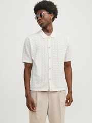JACK & JONES White Crochet Style Knitted Button Up Polo Shirt - Image 1 of 5