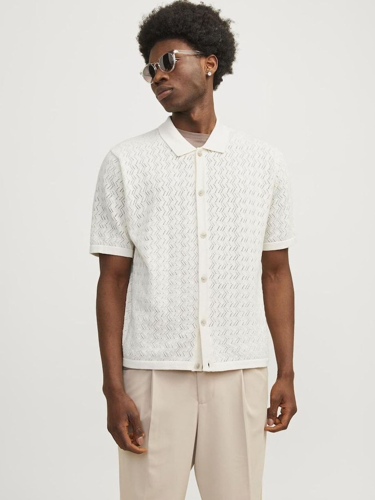 JACK & JONES White Crochet Style Knitted Button Up Polo Shirt - Image 1 of 5