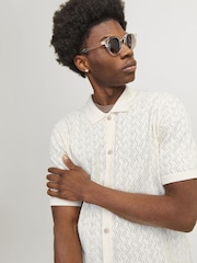 JACK & JONES White Crochet Style Knitted Button Up Polo Shirt - Image 3 of 5