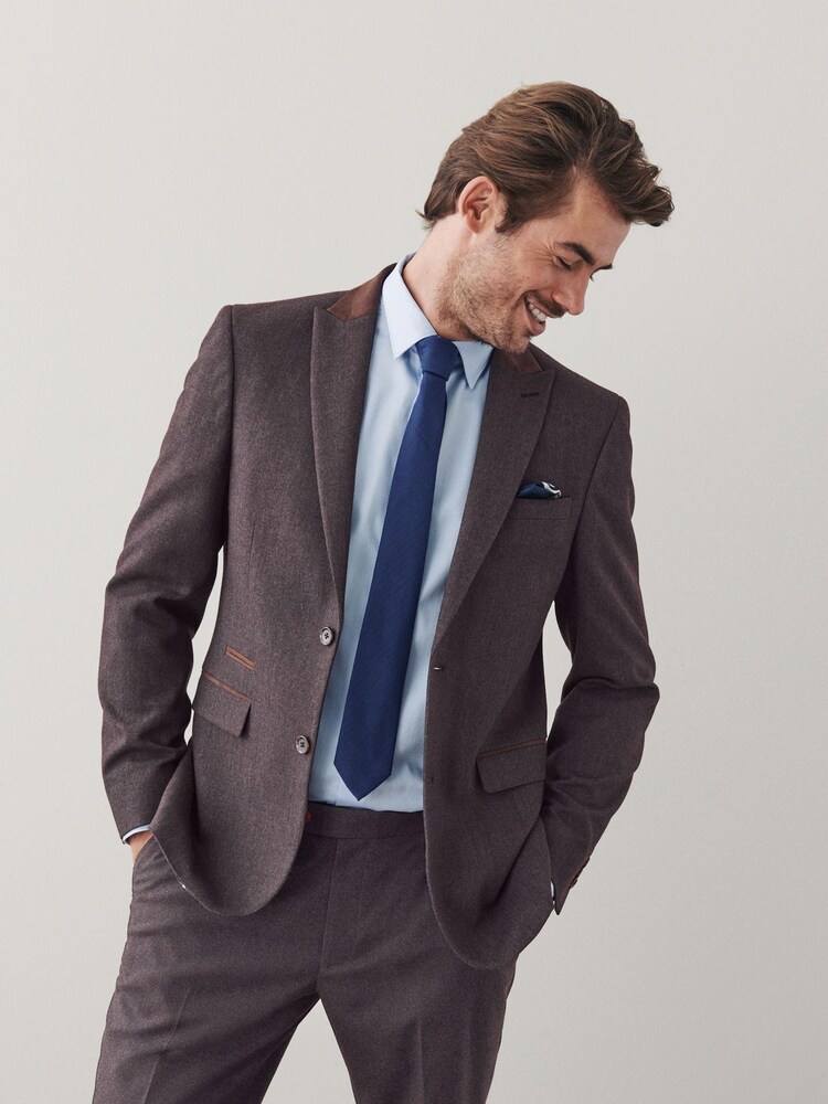 Burgundy Red Tailored Fit Trimmed Donegal Fabric Suit: Jacket - Image 1 of 12