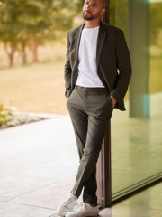 Olive Green Skinny Fit Motion Flex Suit: Trousers - Image 1 of 5