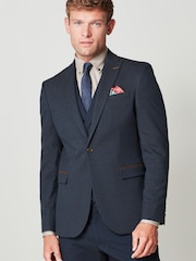Navy Blue Trimmed Herringbone Suit Jacket - Image 1 of 12