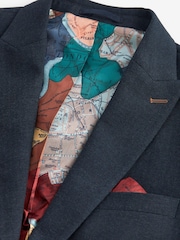 Navy Blue Trimmed Herringbone Suit Jacket - Image 10 of 12