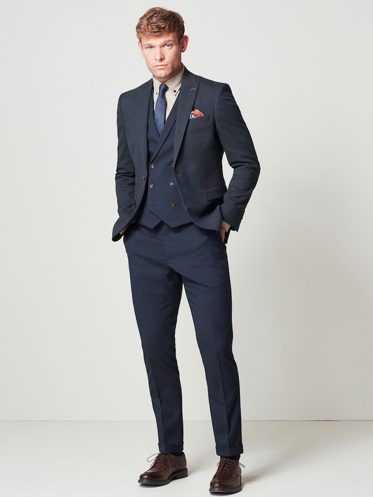 Navy Blue Trimmed Herringbone Suit Jacket - Image 2 of 12