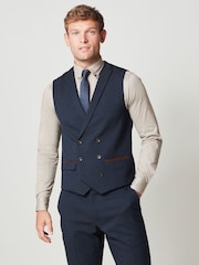 Navy Blue Trimmed Herringbone Fabric Suit Waistcoat - Image 1 of 11