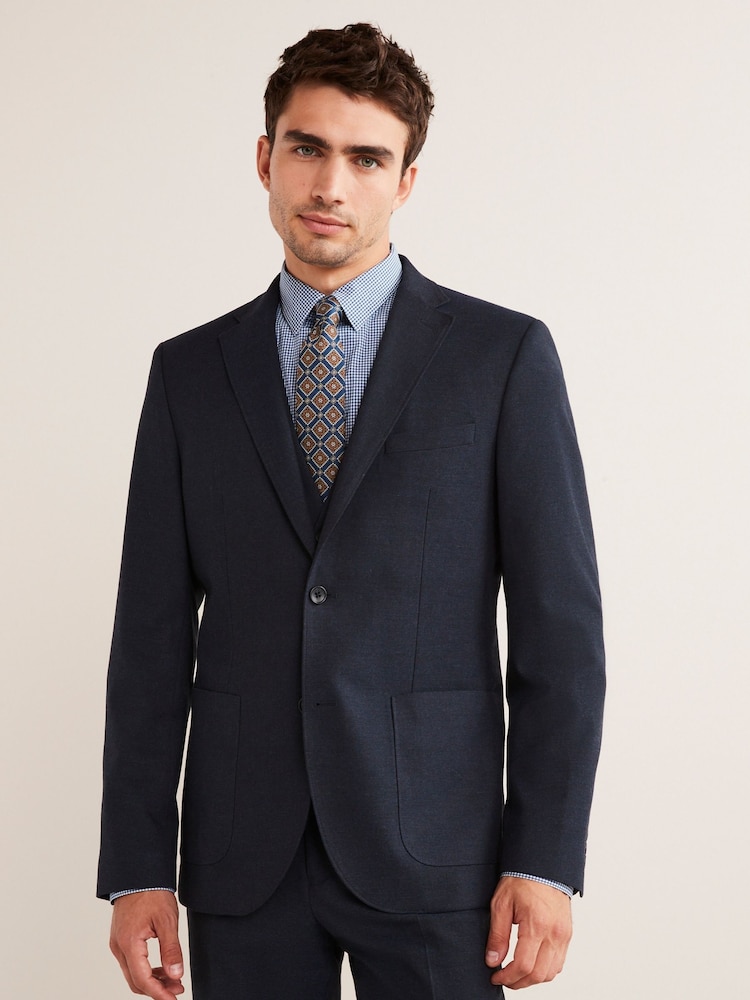 Navy Blue Skinny Flannel Fabric Suit Jacket - Image 1 of 11
