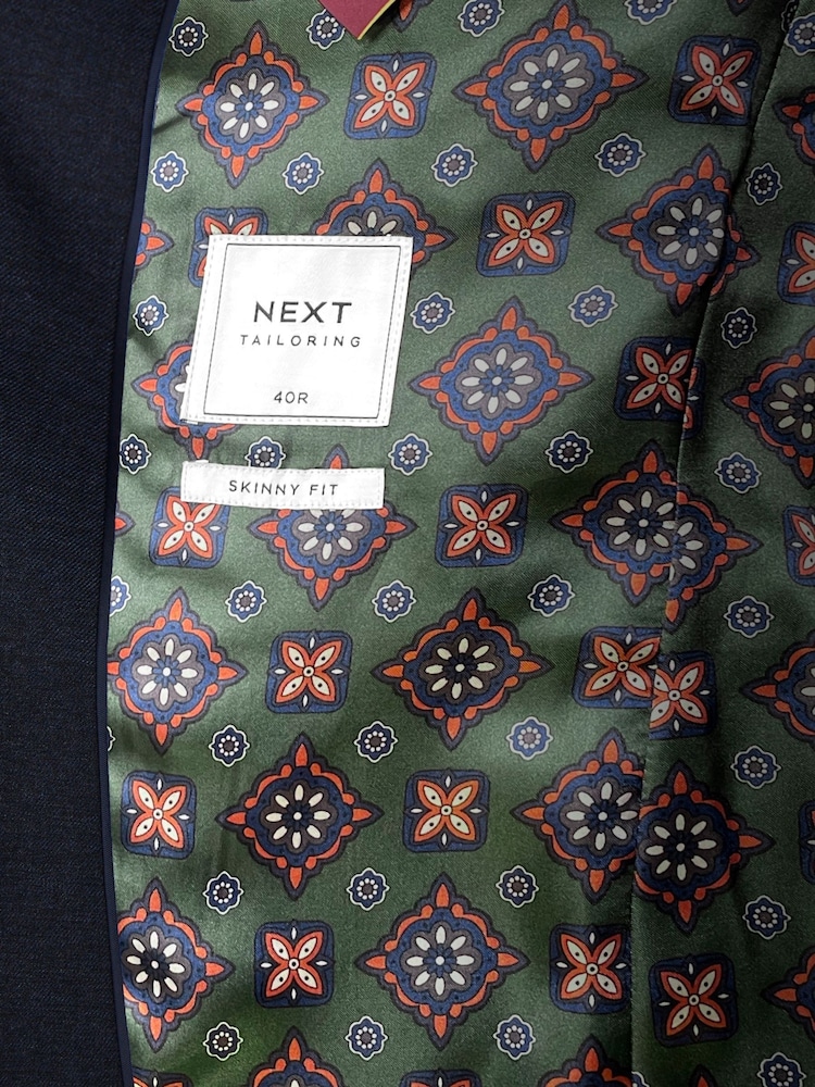 Navy Blue Skinny Flannel Fabric Suit Jacket - Image 11 of 11