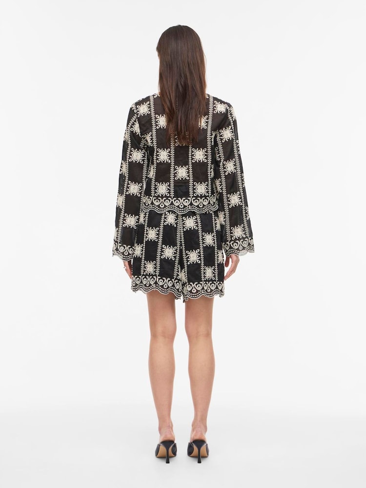 VILA Black Embroidered Pointelle Pattern High Waisted Shorts - Image 2 of 4