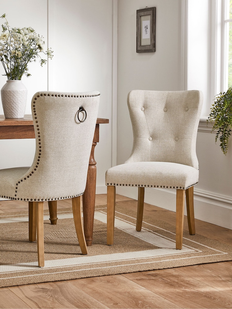 Set of 2 Tweedy Plain Light Natural Blair Light Wood Leg Button Dining Chairs - Image 1 of 9