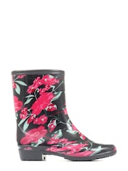 Pavers Ladies Black Floral Print Wellies Ankle Boots - Image 1 of 6