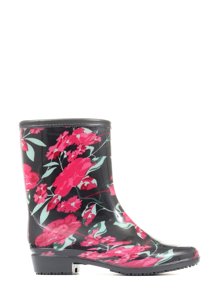 Pavers Ladies Black Floral Print Wellies Ankle Boots - Image 1 of 6