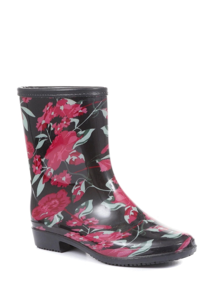 Pavers Ladies Black Floral Print Wellies Ankle Boots - Image 2 of 6