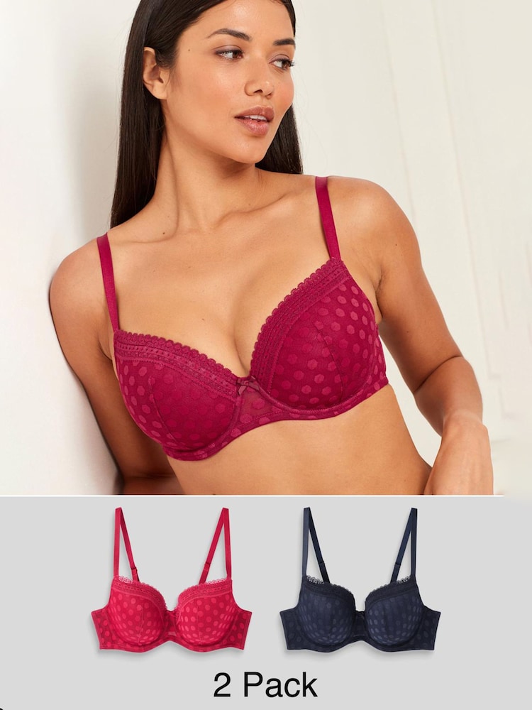 Navy Blue/Red DD+ Pad Balcony Spot Mesh Bras 2 Pack - Image 1 of 4 Navy Blue/Red DD+ Pad Balcony Spot Mesh Bras 2 Pack - Image 1 of 4