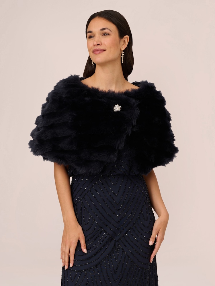 Adrianna Papell Blue Faux Fur Brooch Coverup - Image 3 of 6