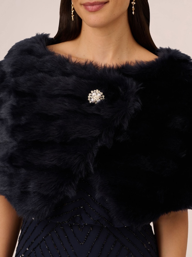 Adrianna Papell Blue Faux Fur Brooch Coverup - Image 4 of 6